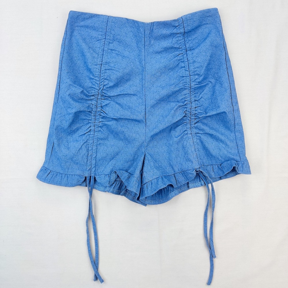 Glamaker Shorts Womens Medium Blue Ruched Ruffle Hem High Waist Drawstring Tie